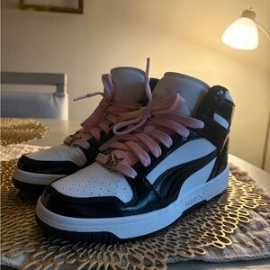 adidas Black & White High-Top Sneakers with Pink Laces